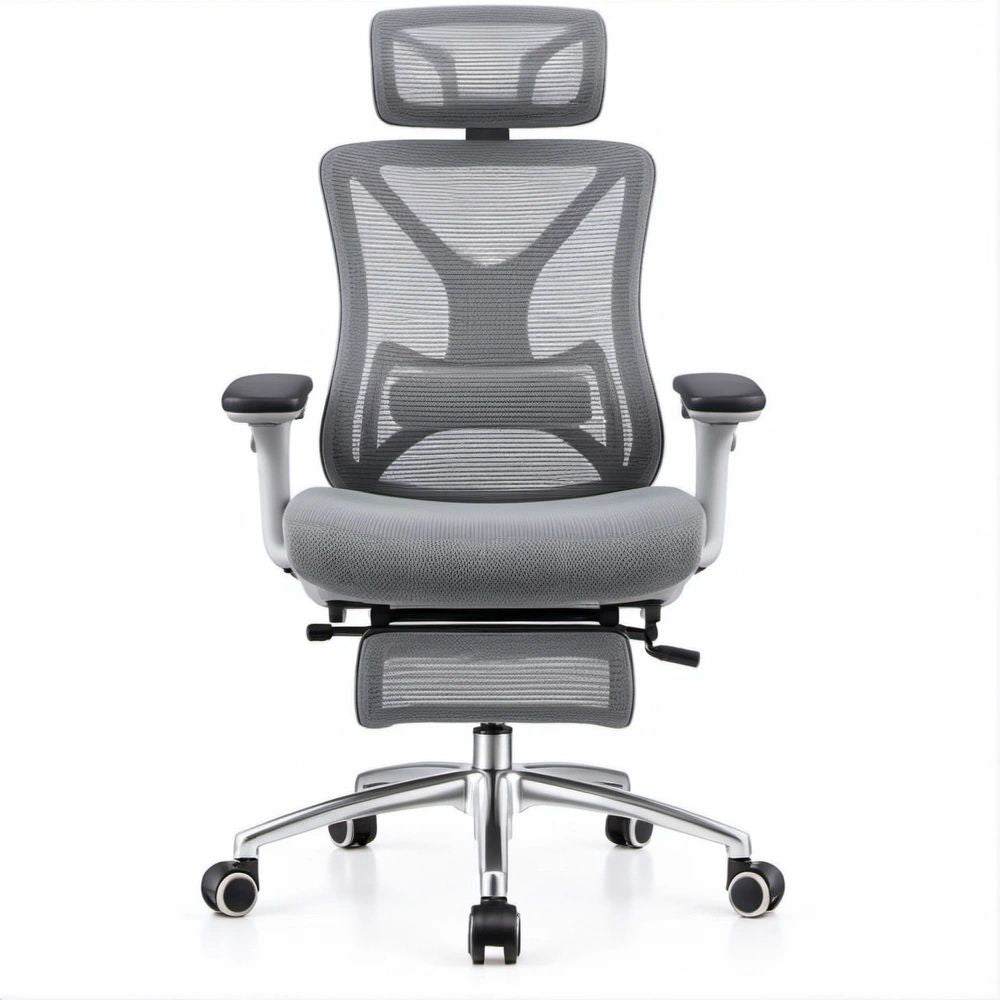Cadeira Ergonómica de Escritório em Malha Cinzenta com Apoio de Cabeça e Apoio para Pés, 68 x 68 x 118-128 cm