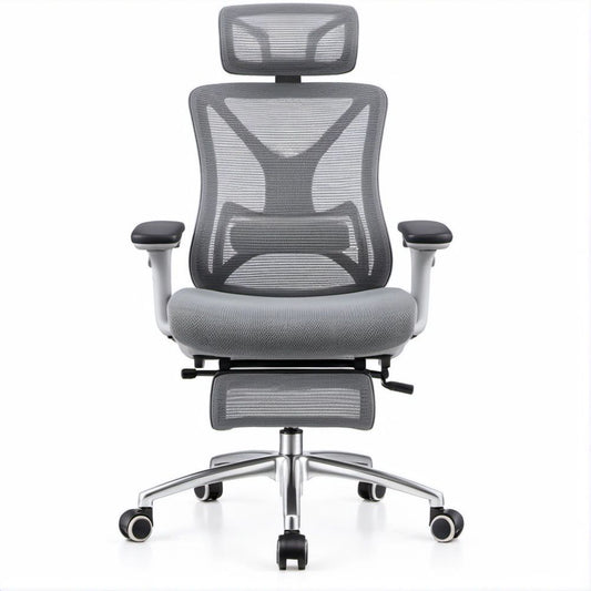 Cadeira Ergonómica de Escritório em Malha Cinzenta com Apoio de Cabeça e Apoio para Pés, 68 x 68 x 118-128 cm