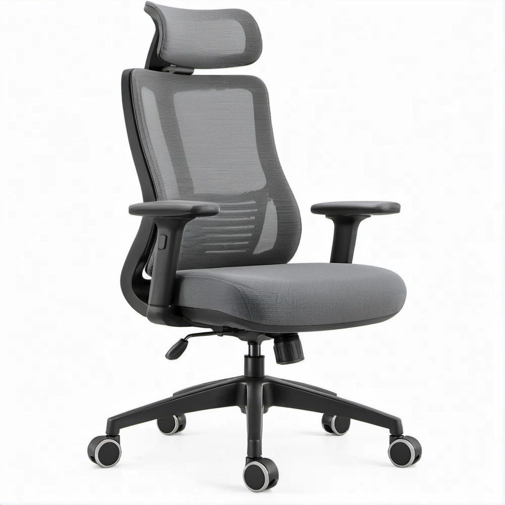 Cadeira Ergonómica de Escritório em Malha Cinzenta e Preta com Apoio de Cabeça, 64 x 64 x 117-127 cm