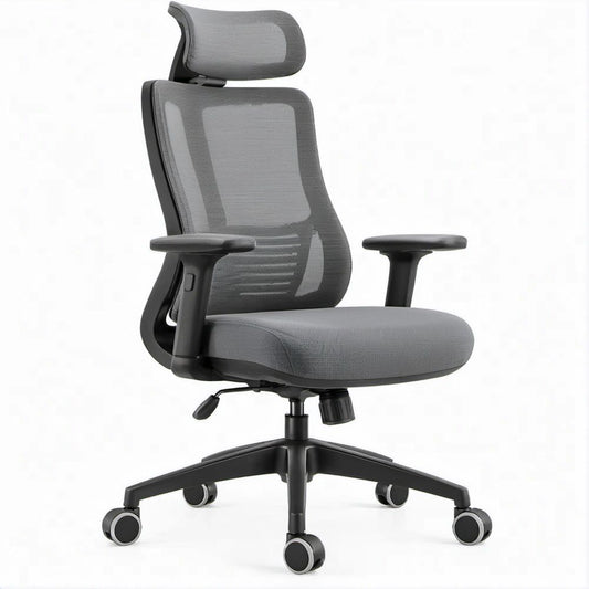 Cadeira Ergonómica de Escritório em Malha Cinzenta e Preta com Apoio de Cabeça, 64 x 64 x 117-127 cm