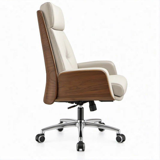 Cadeira de Escritório Ergonómica Giratória com Encosto Alto em PU Branco e Folheado de Nogueira, 68 x 70 x 118-126 cm
