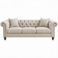 Sofá Chesterfield de 3 Lugares em Poliéster Bege, 220 x 90 x 78 cm