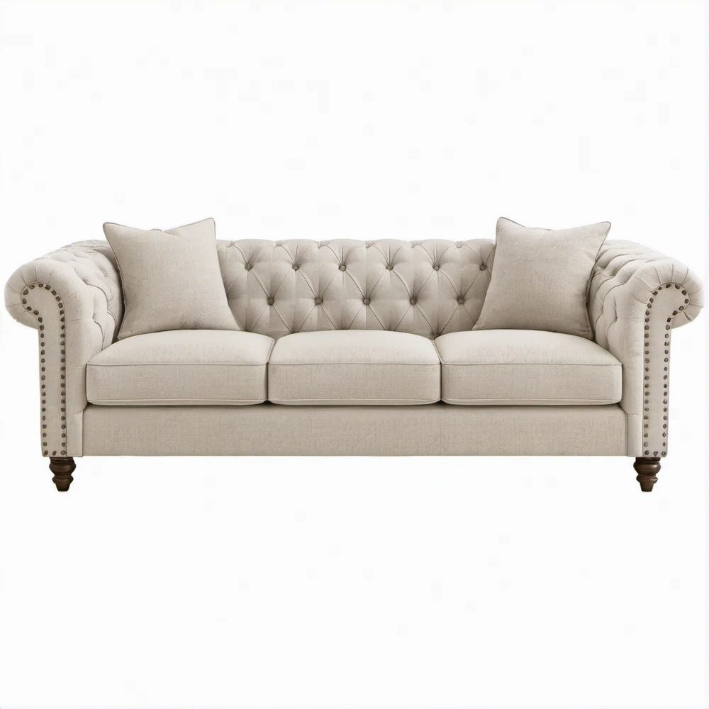 Sofá Chesterfield de 3 Lugares em Poliéster Bege, 220 x 90 x 78 cm