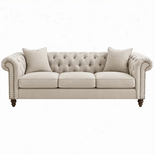Sofá Chesterfield de 3 Lugares em Poliéster Bege, 220 x 90 x 78 cm