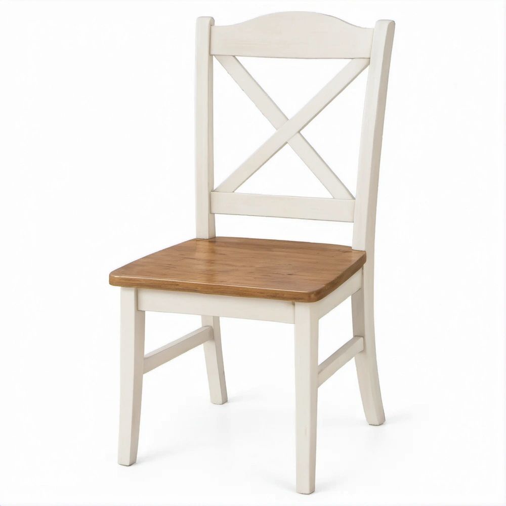 Cadeira de jantar em madeira maciça com encosto em X Creme e Castanho, 44 x 53 x 88 cm